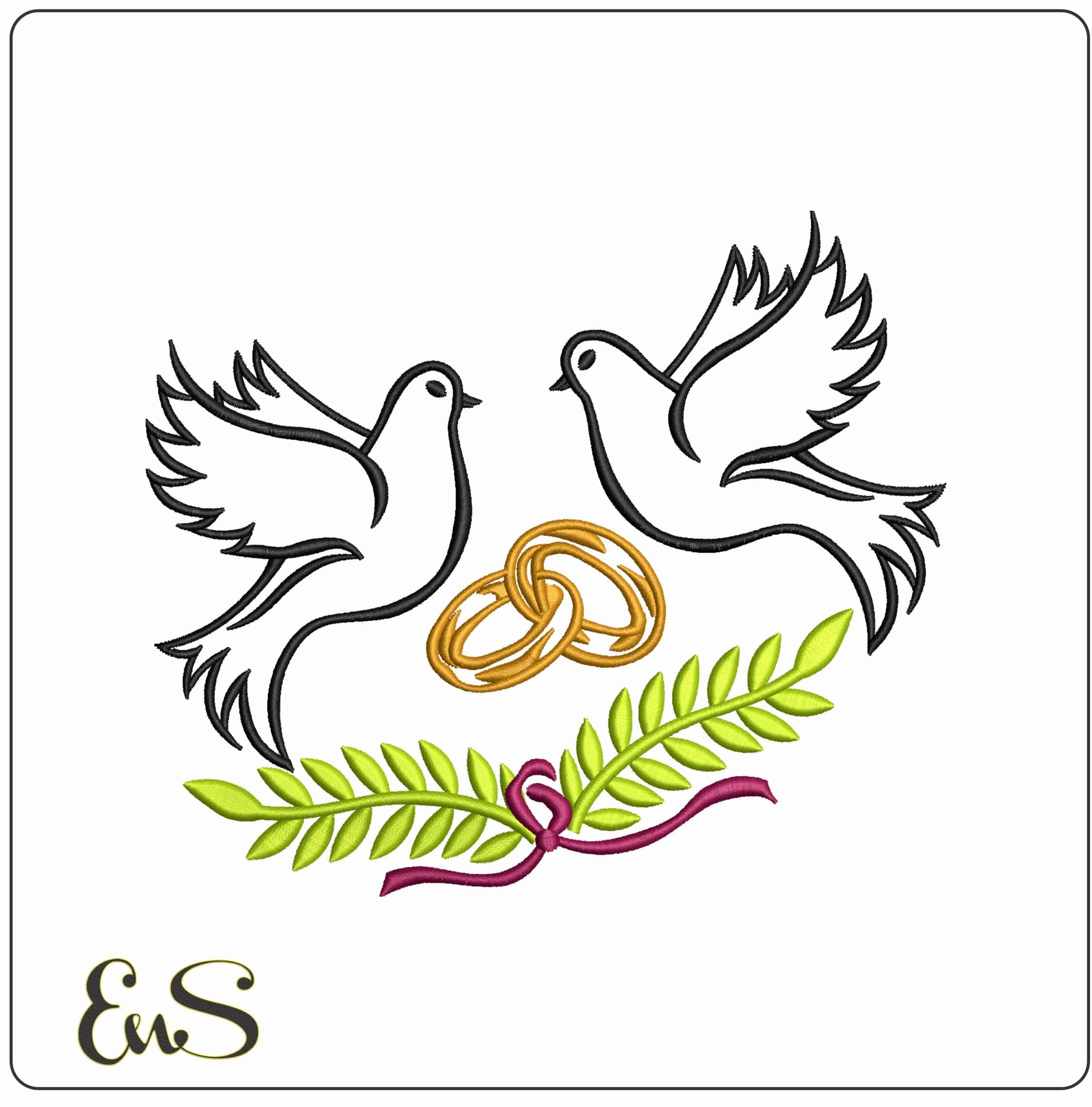 Rings Doves and Vines   - Elegant embroidery design file - instant download
