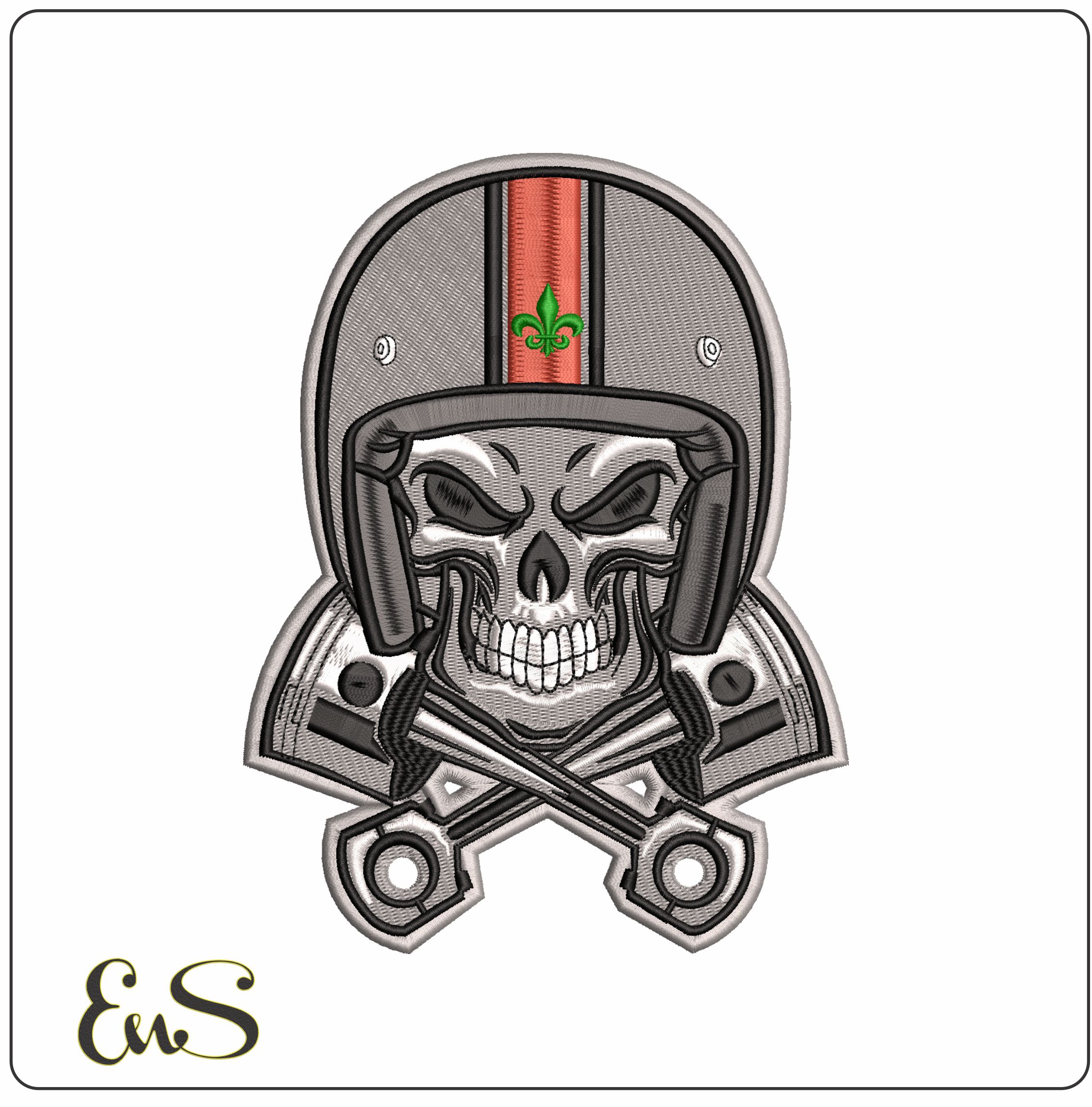 Skull in Crash helmet and Pistons - Elegant embroidery design file - instant download