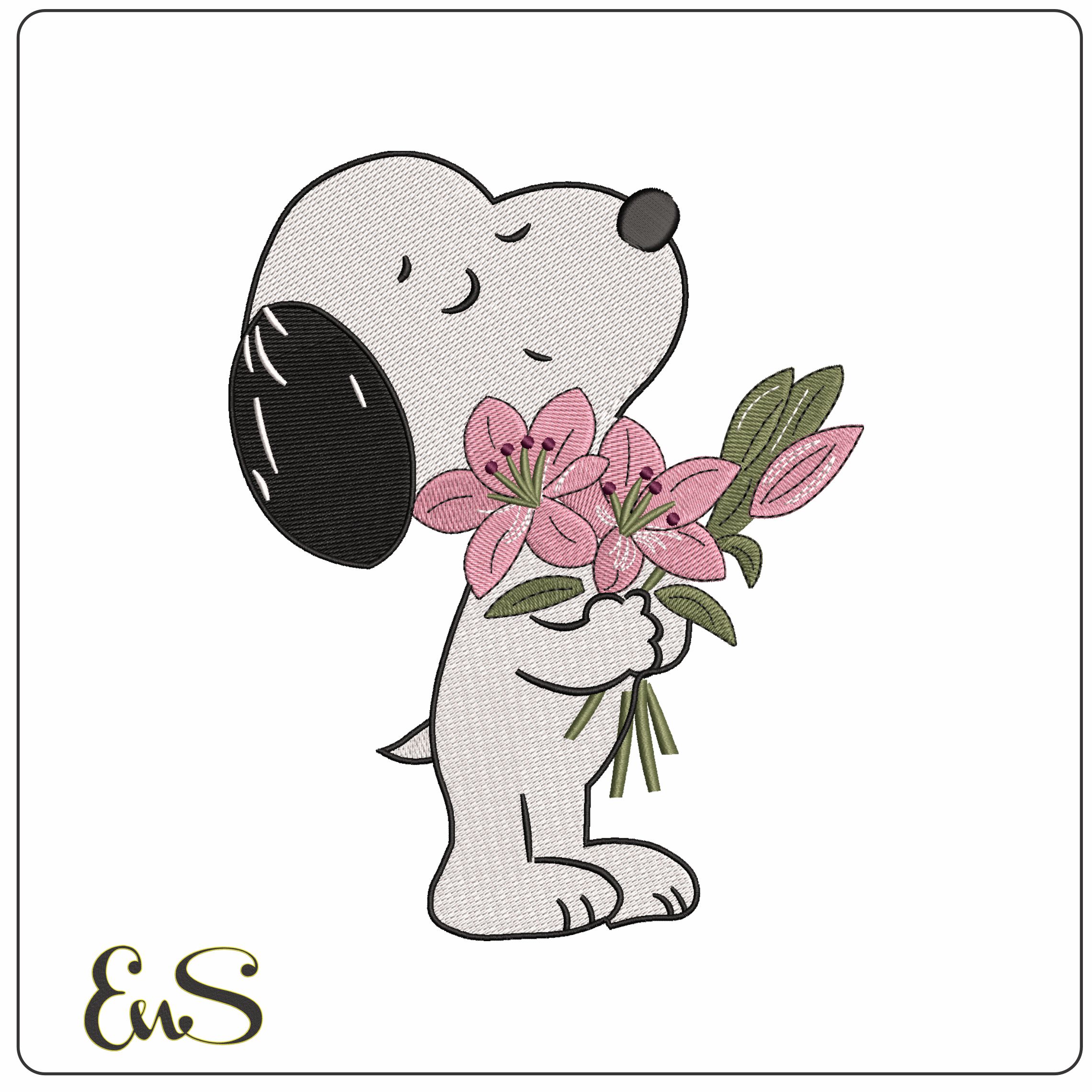 Snoopy Holding Roses - Elegant embroidery design file - instant download
