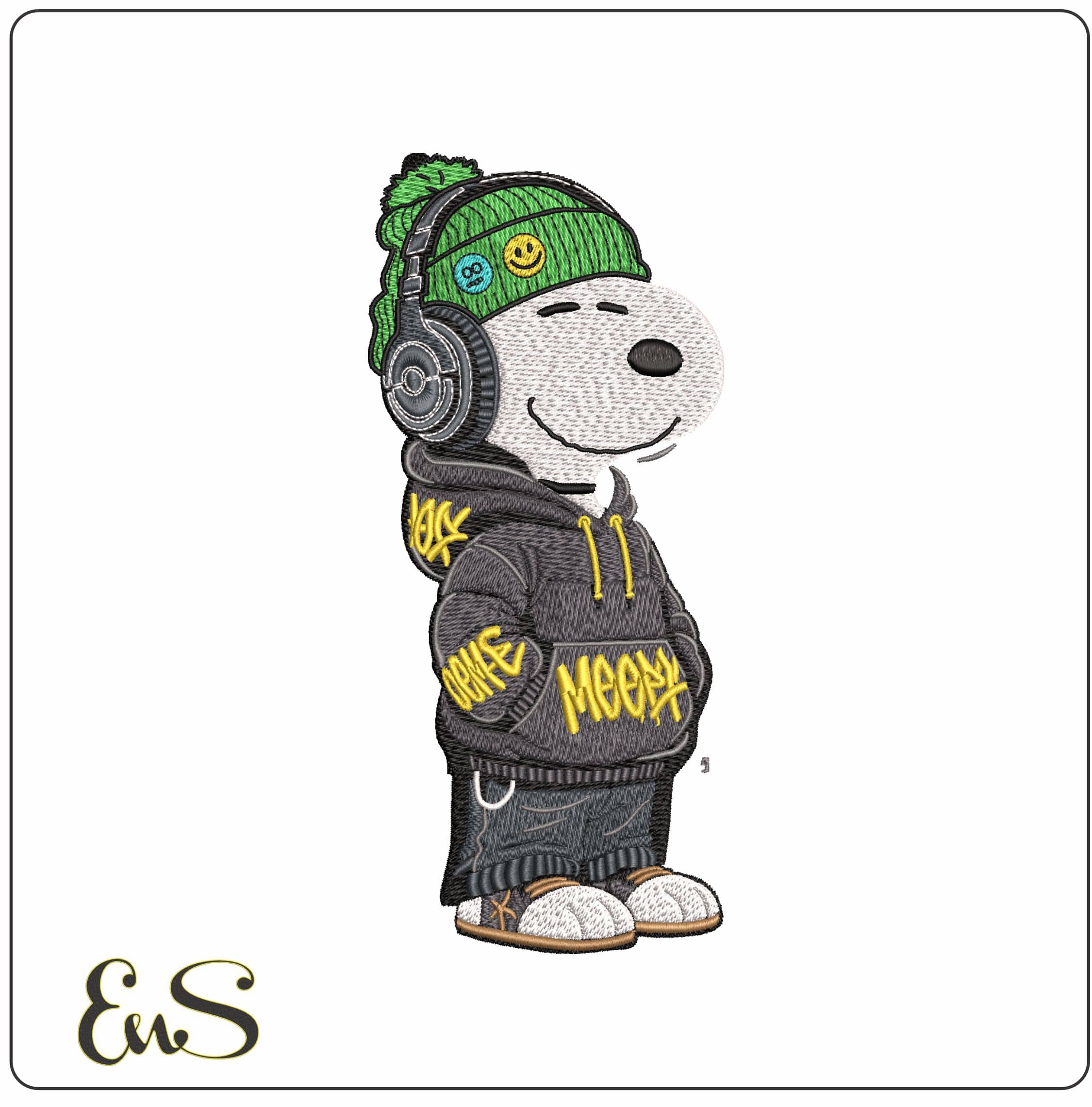Snoopy with HeadPhones and Beanie - Elegant embroidery design file - instant download