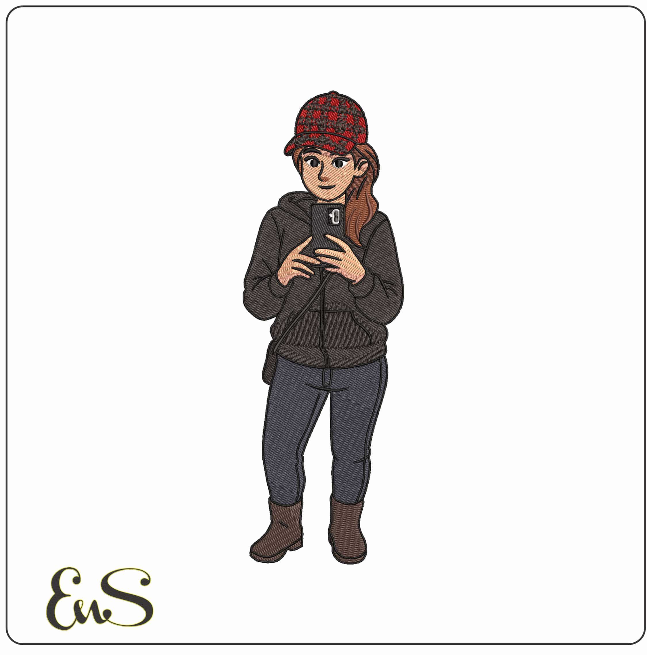 Stylish white girl taking Selfie - Elegant embroidery design file - instant download
