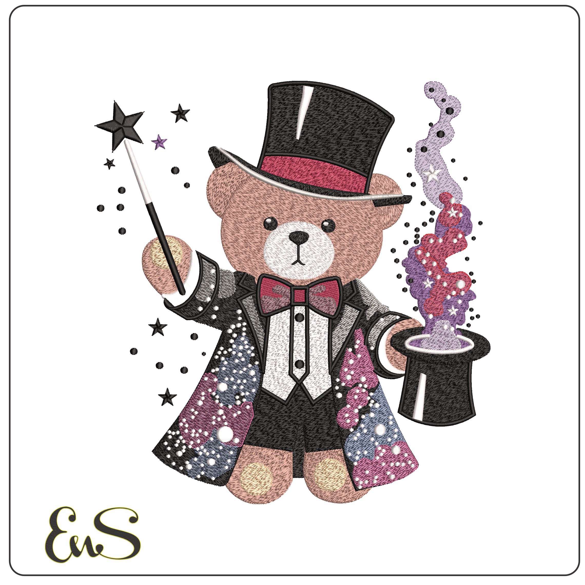 Teddy Bear Magician - Elegant embroidery design file - instant download