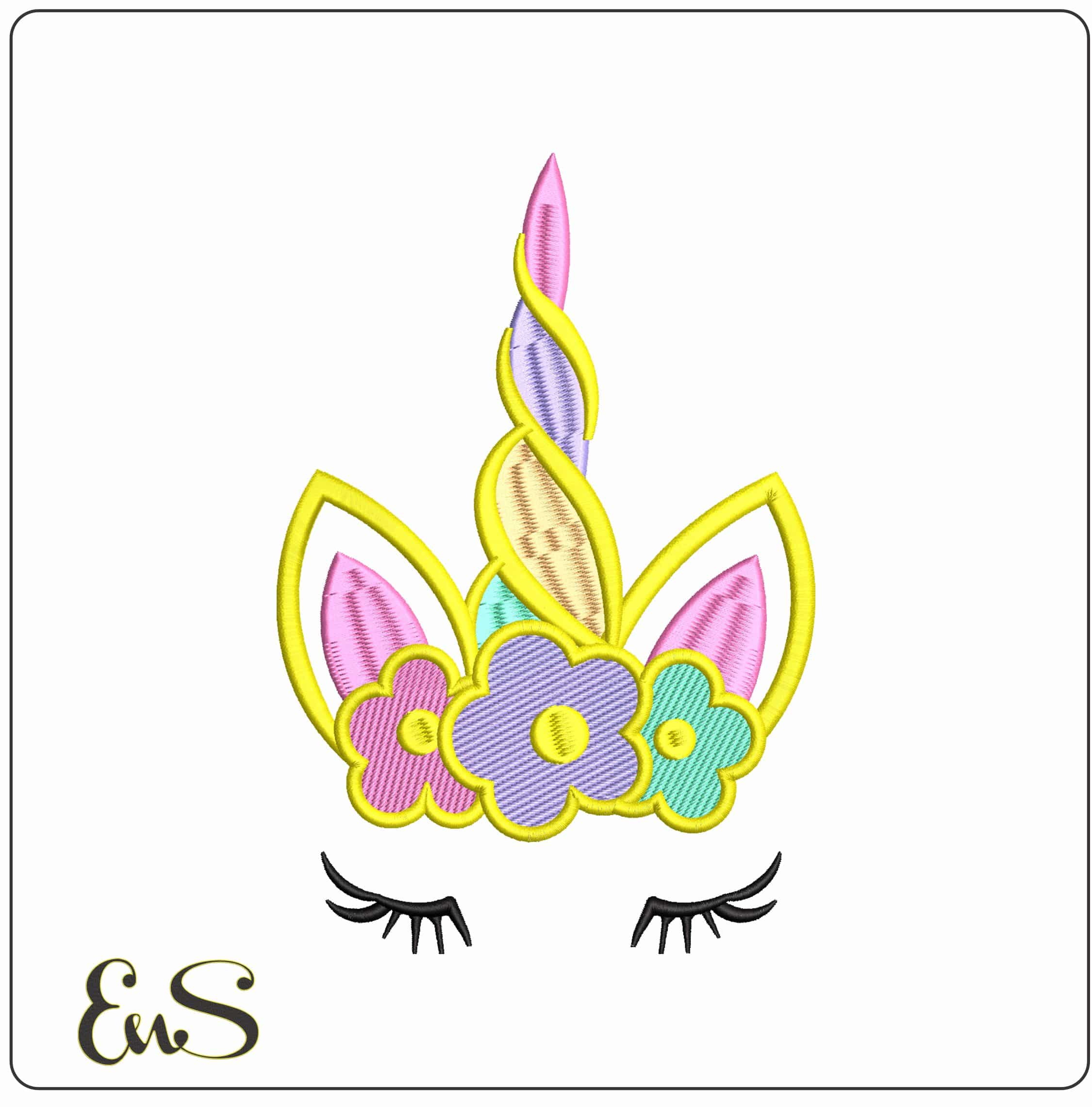 Unicorn Face Colored Horn and Flowers - Elegant embroidery design file - instant download