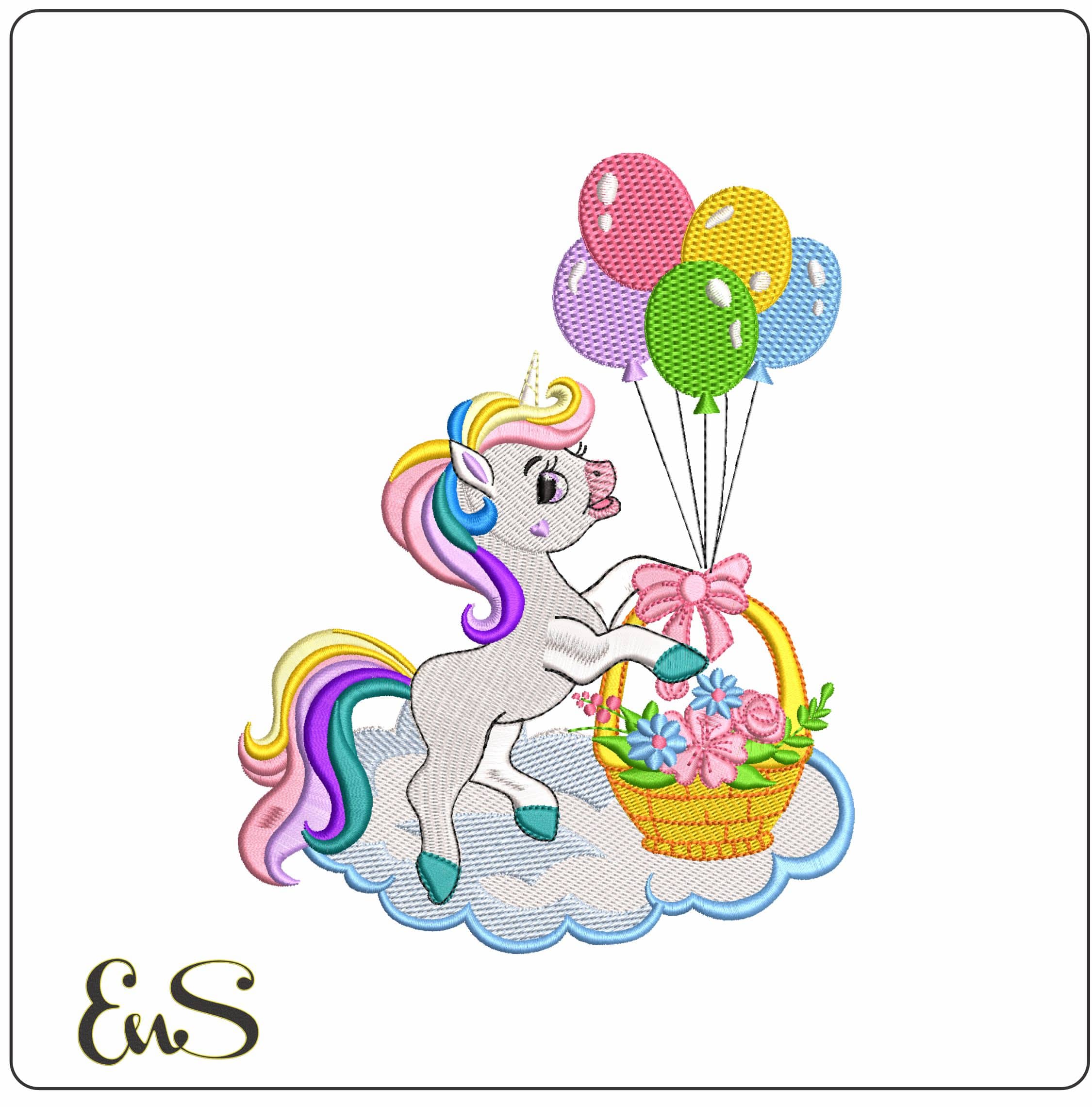 Unicorn with Balloons and Basket - Elegant embroidery design file - instant download
