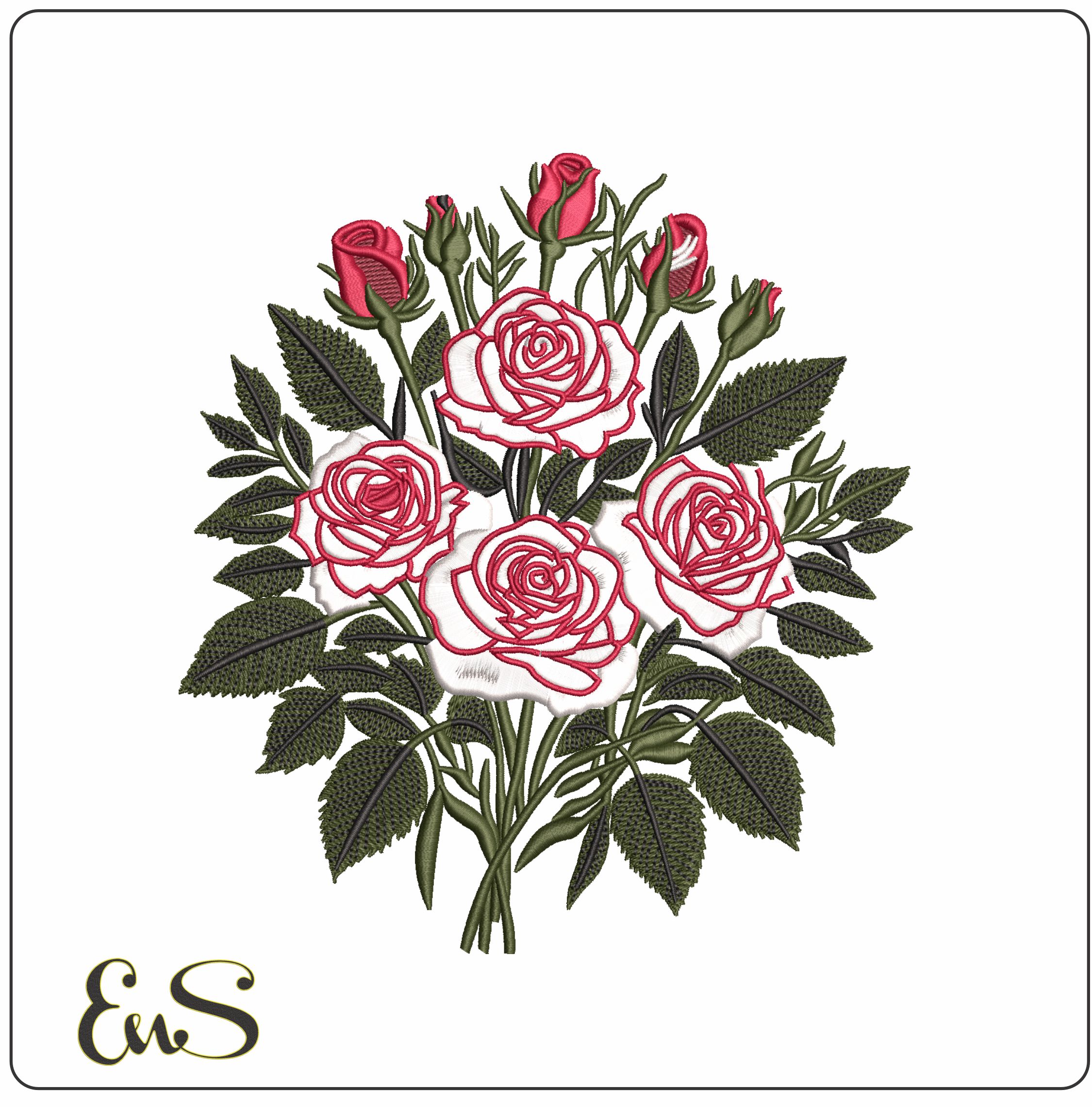 Bouquet of Red and White Roses    - Elegant embroidery design file - instant download