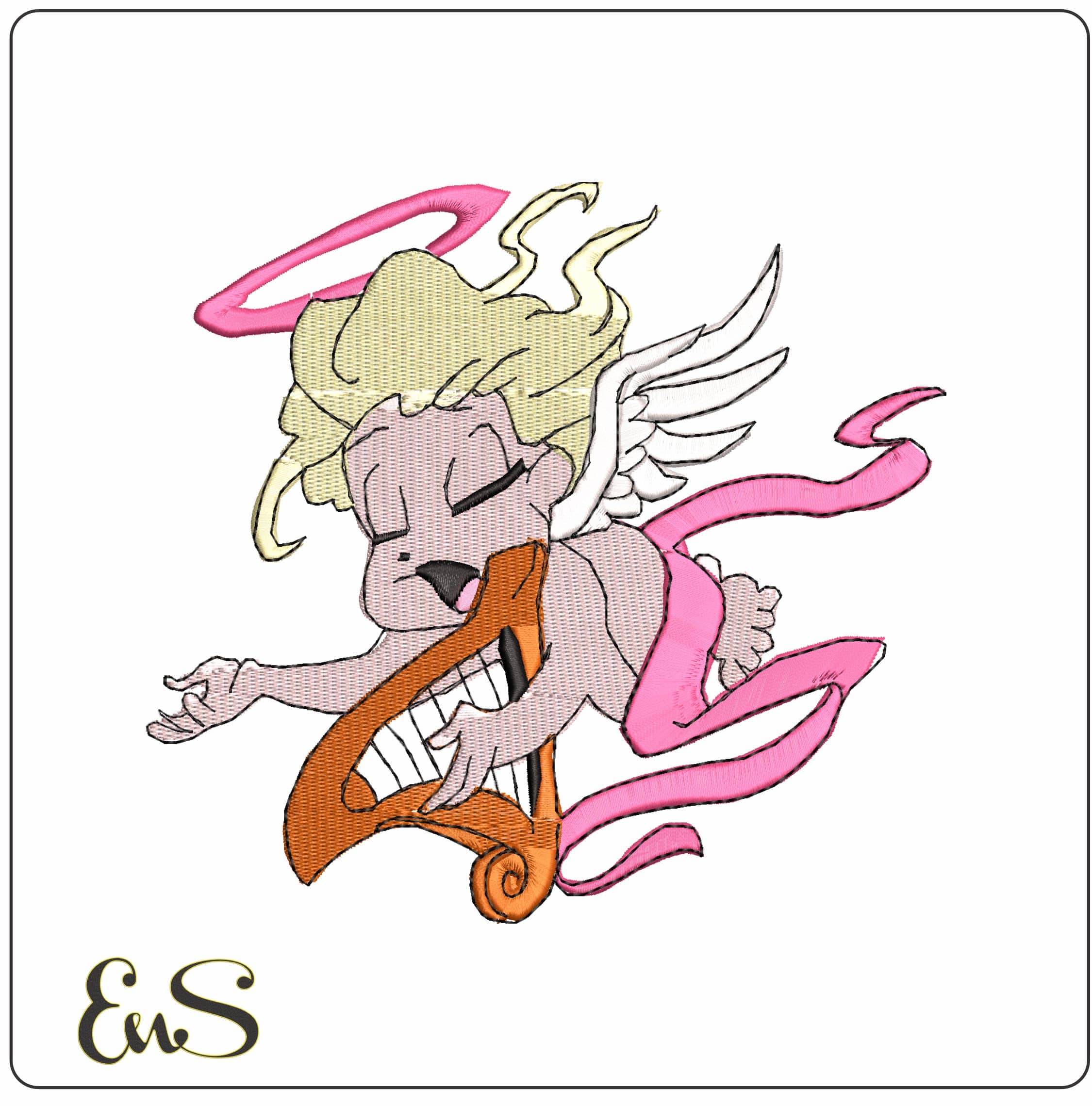 Angel Playing Harp - Elegant embroidery design file - instant download