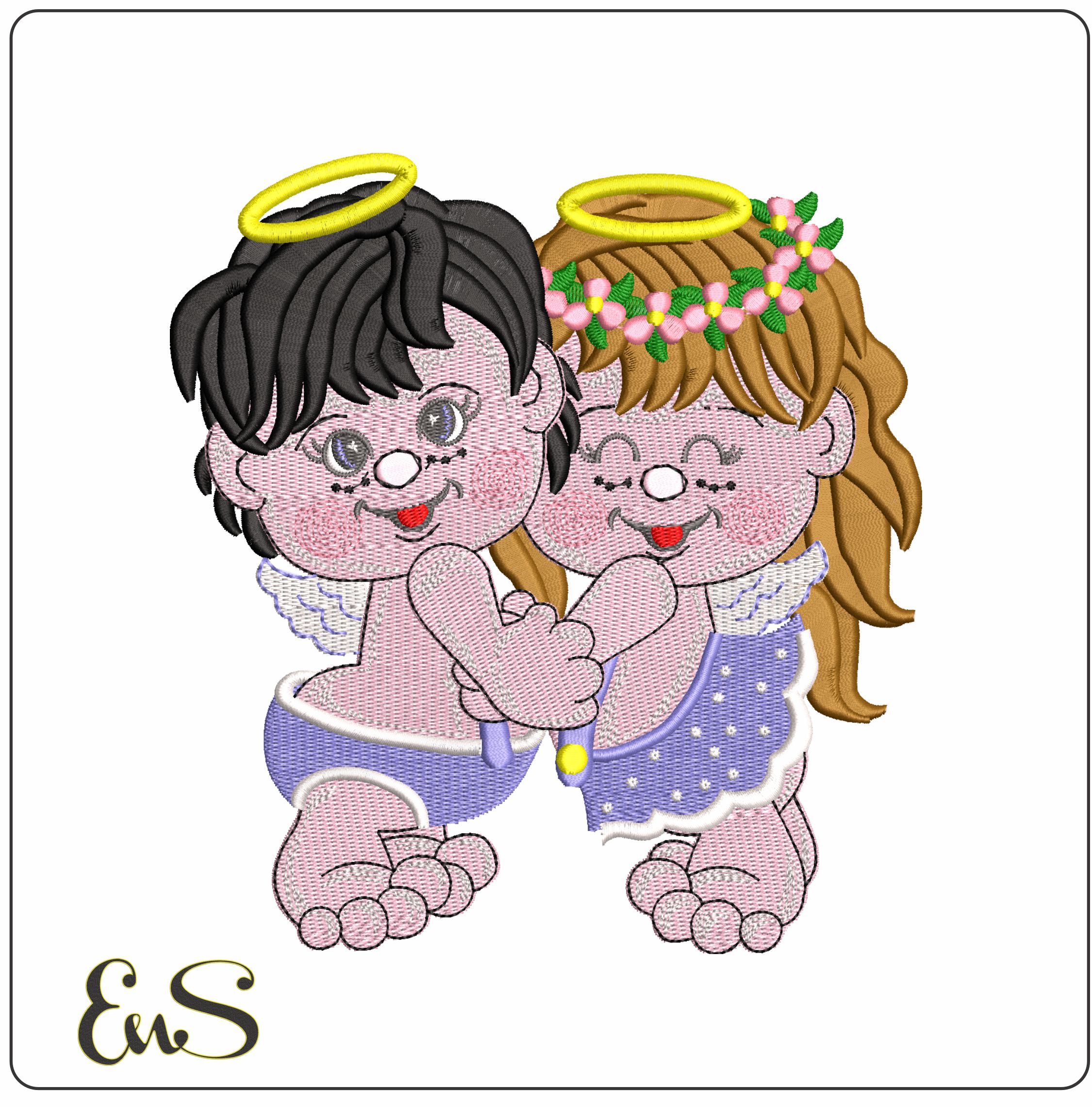 Baby Angel Boy and Girl Cuddle - Elegant embroidery design file - instant download