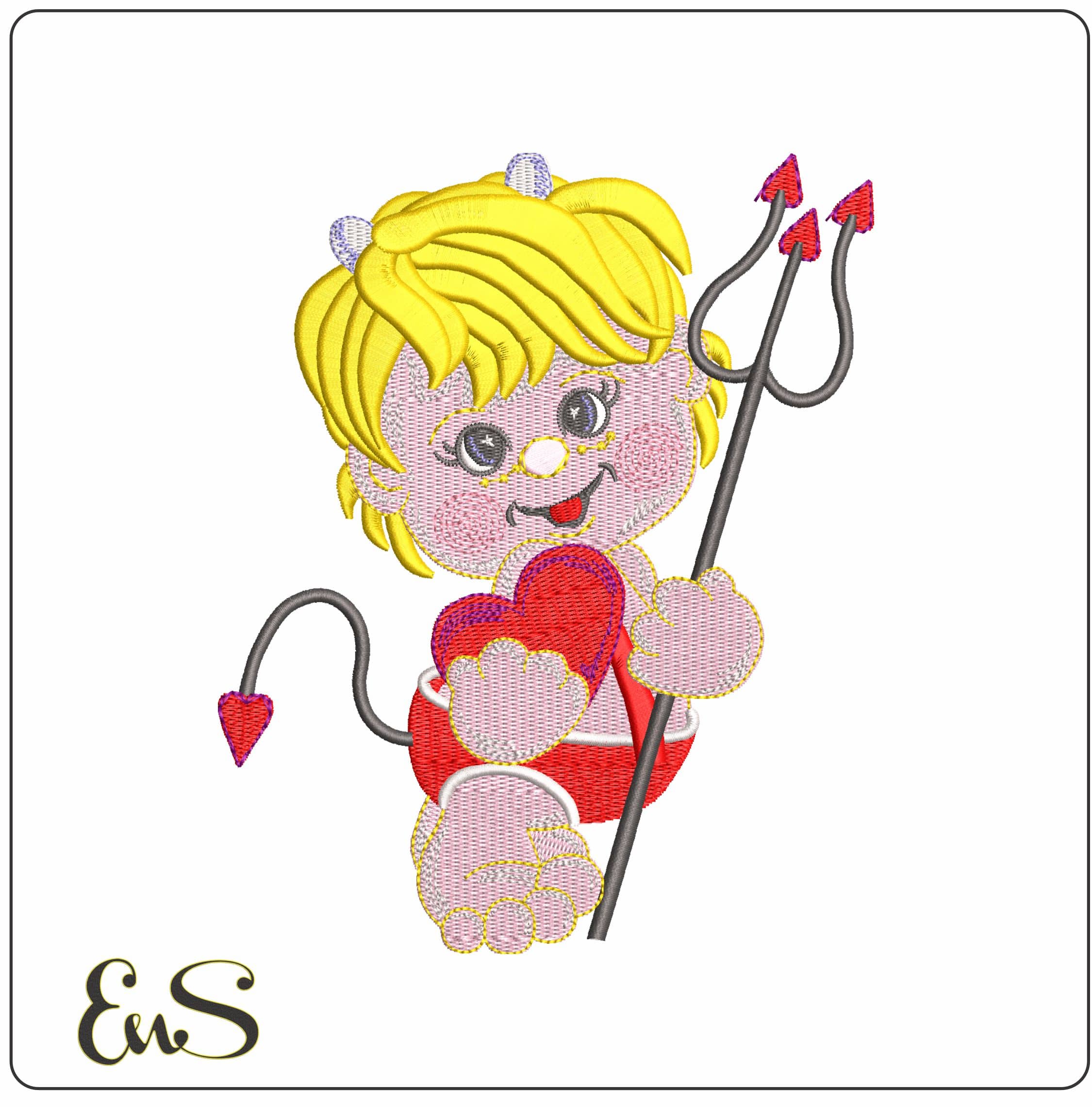 Baby Devil holding Heart - Elegant embroidery design file - instant download