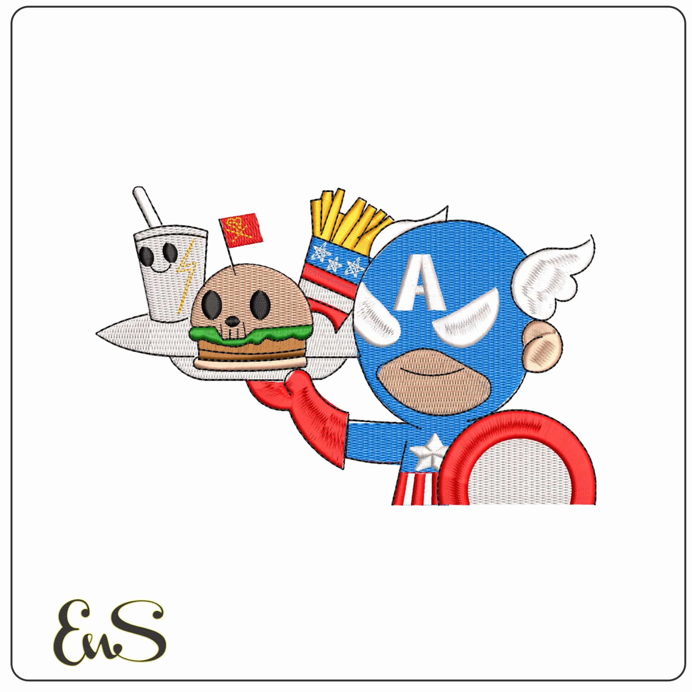 Captain America Burger Server Chibi Marvel Comic   - Elegant embroidery design file - instant download