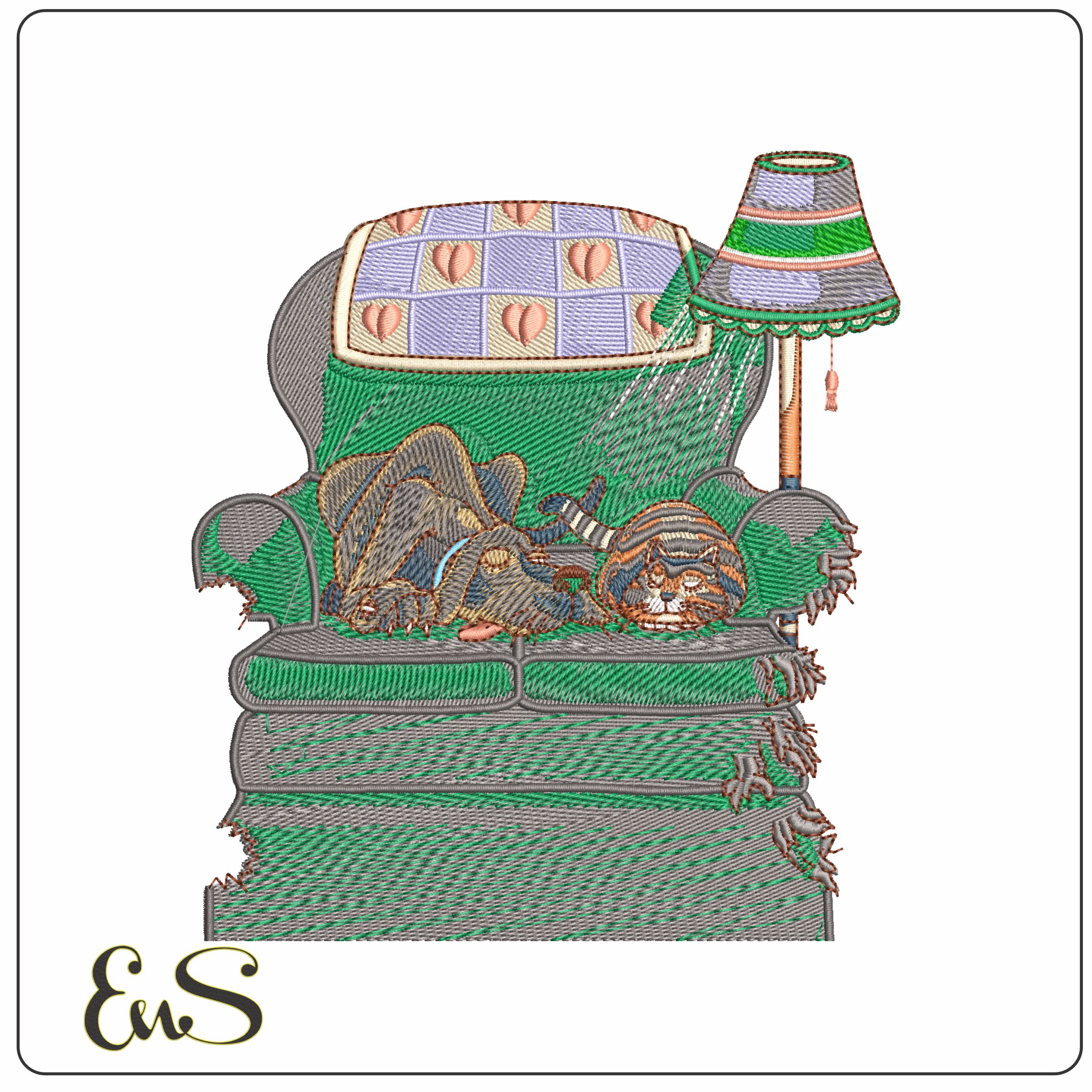 Cat and Dog sleeping on chair - Elegant embroidery design file - instant download