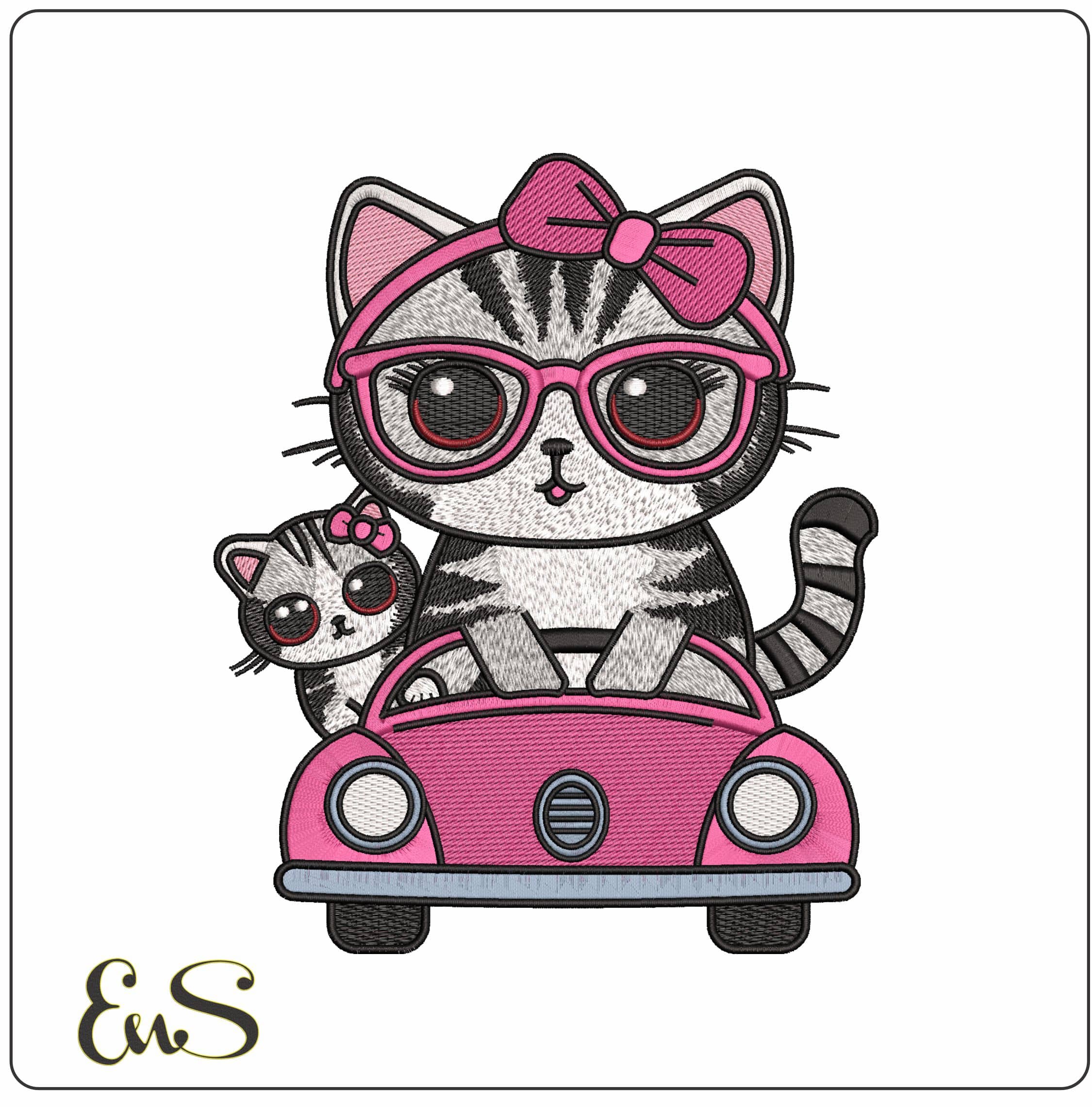 Cat and Kitten in Pink car - Elegant embroidery design file - instant download