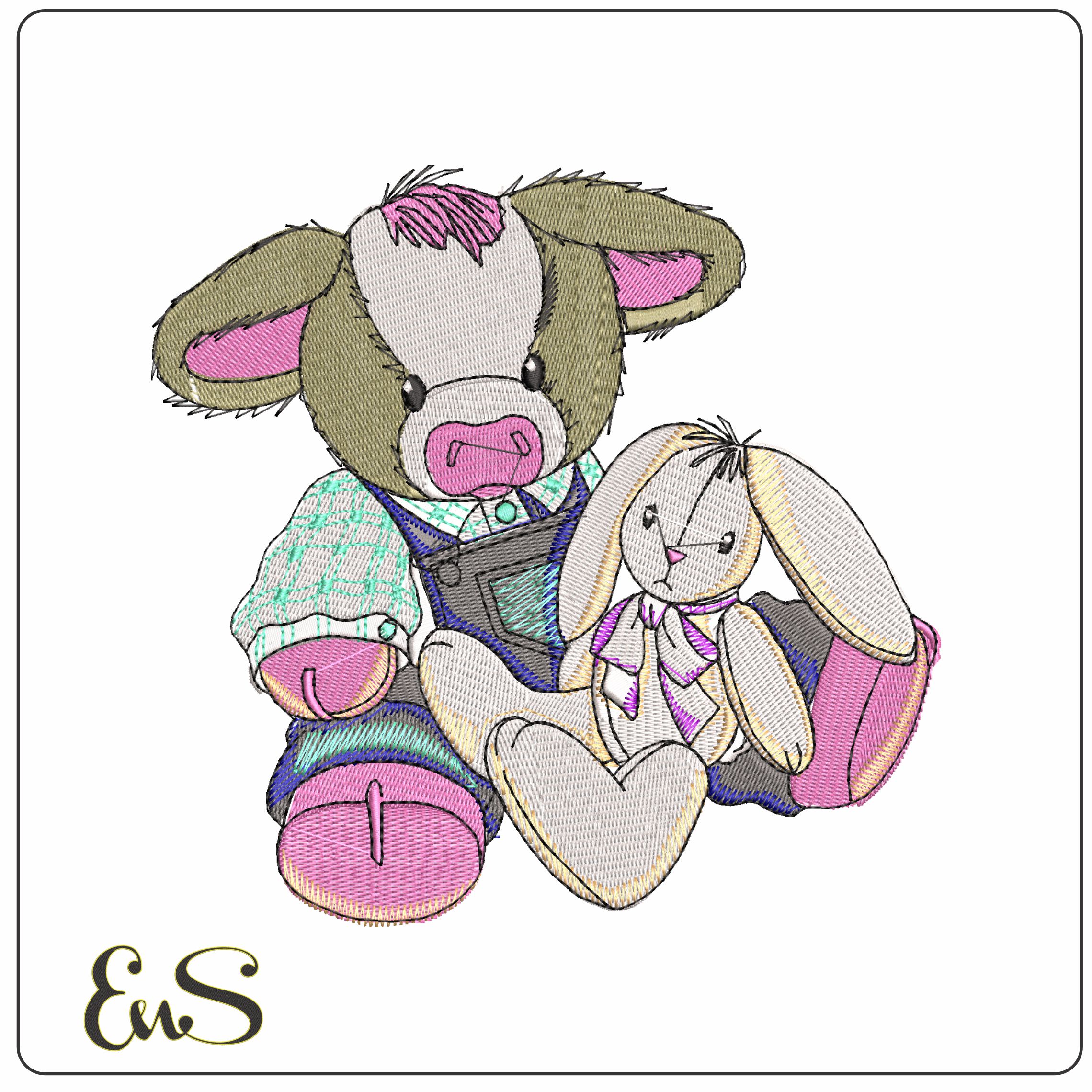 Cow with Bunny - Elegant embroidery design file - instant download