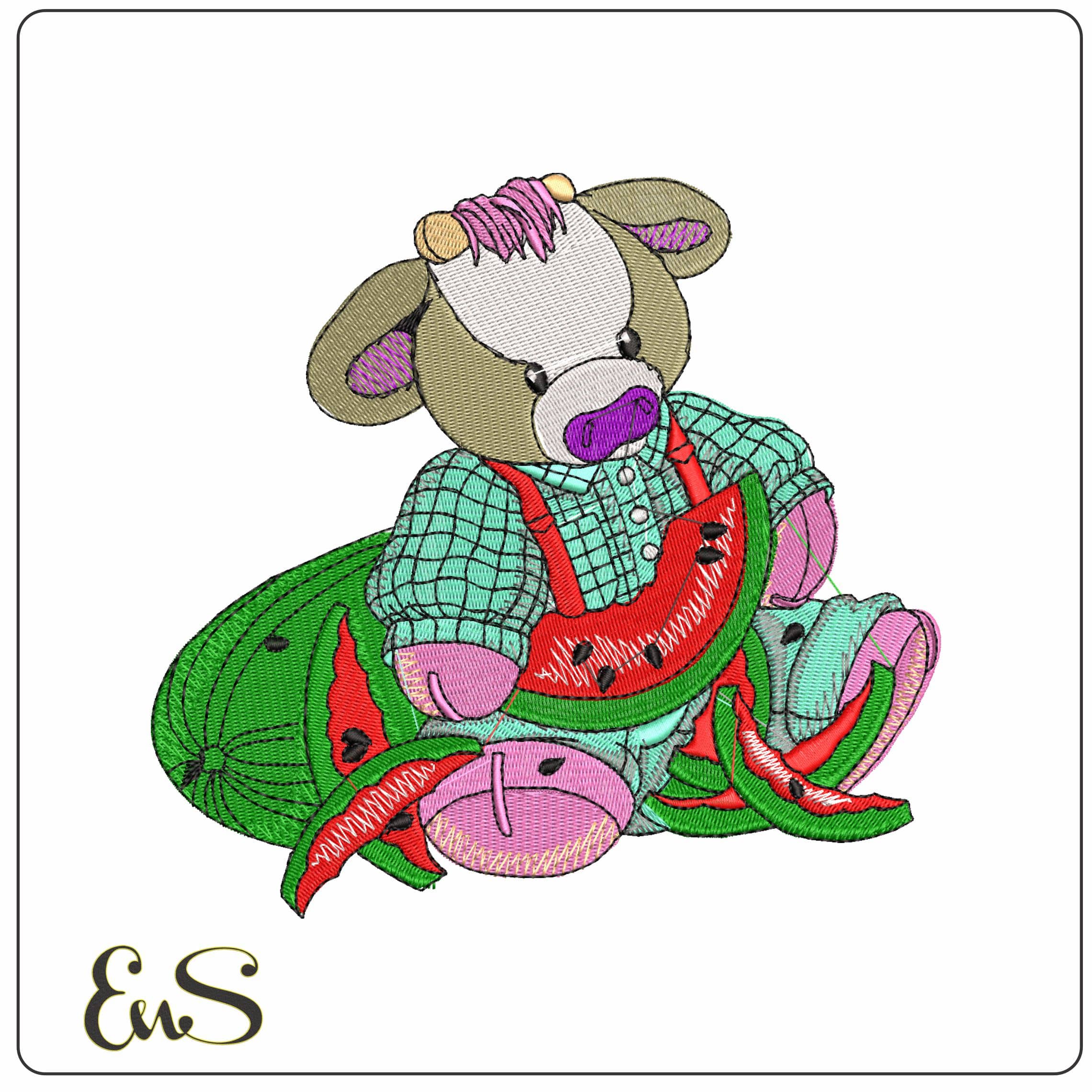 Cow with Watermelon - Elegant embroidery design file - instant download