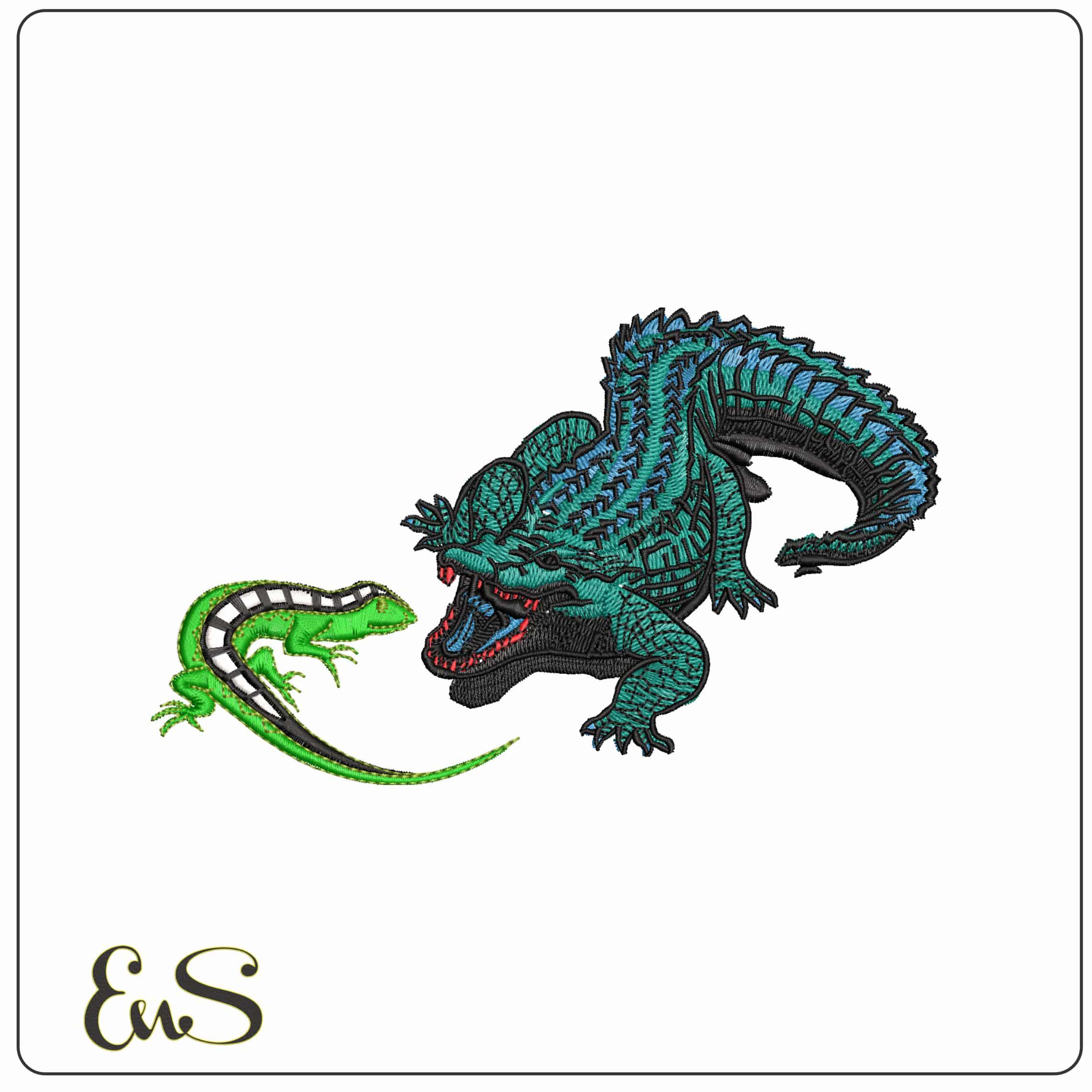 Crocodile eating Lizard - Elegant embroidery design file - instant download