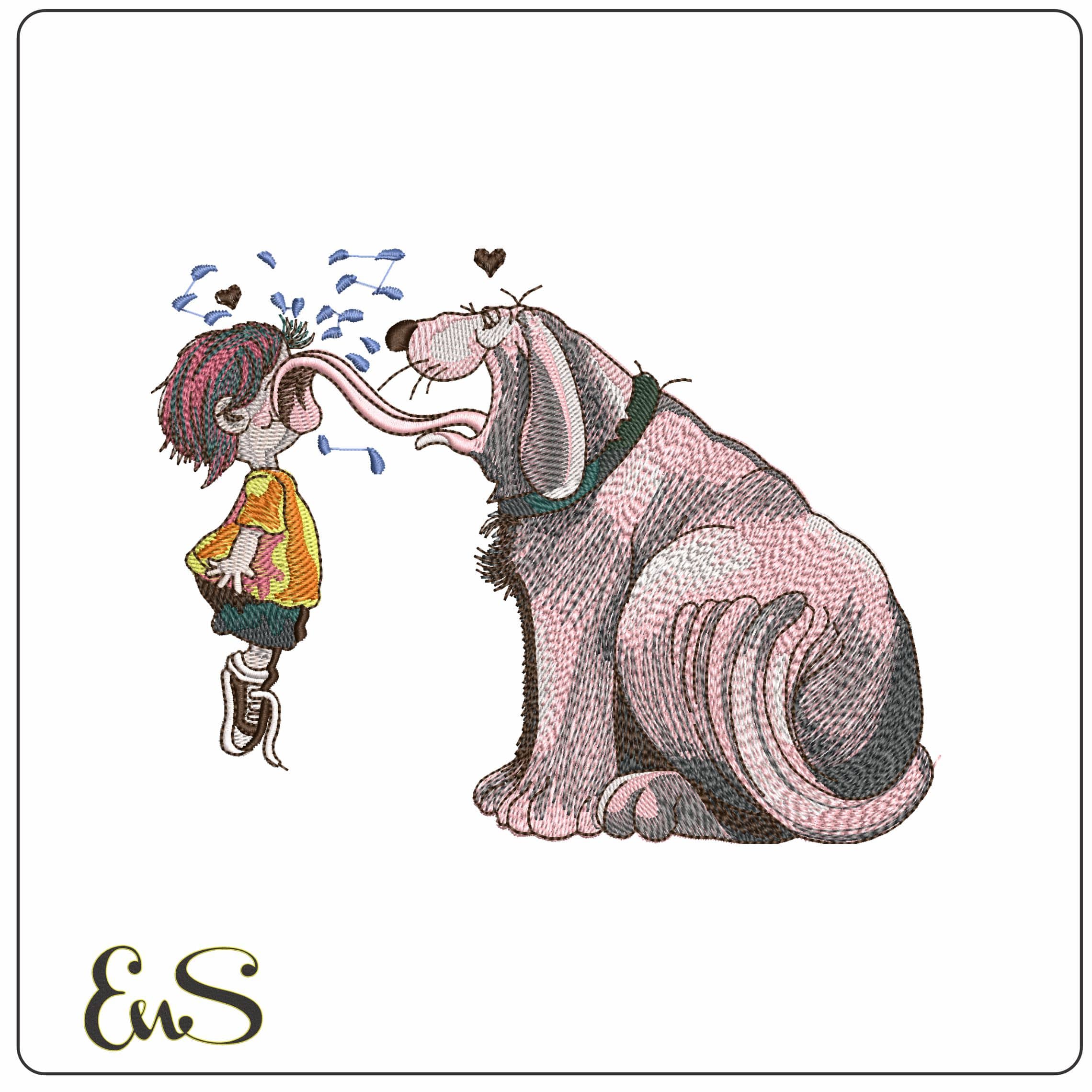 Dog Licking Boy  - Elegant embroidery design file - instant download